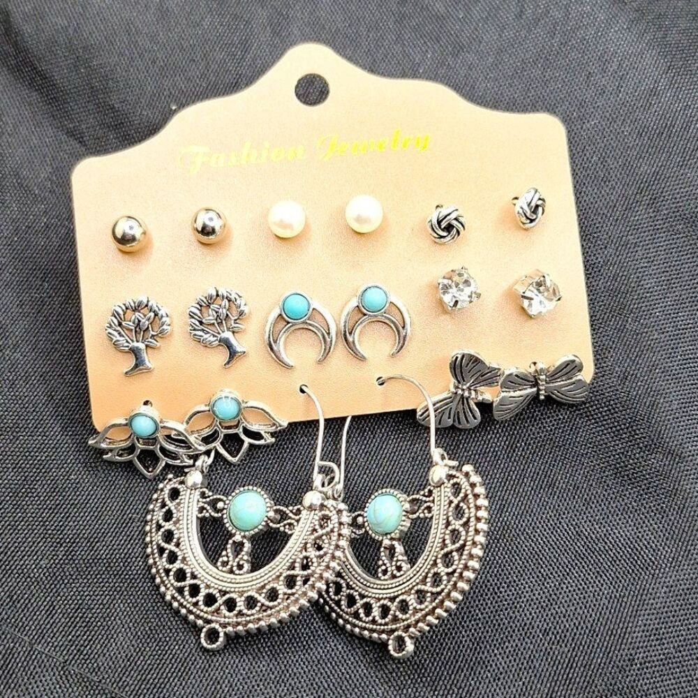 silver lotus pearl turquoise tree of life earrings